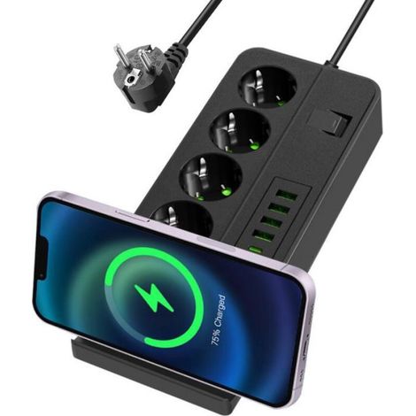 Multiprise Électrique - 4 Prises 230 V - 6 Ports USB - Câble 2 M - Interrupteur Parafoudre - 1 Pièce (1/4)