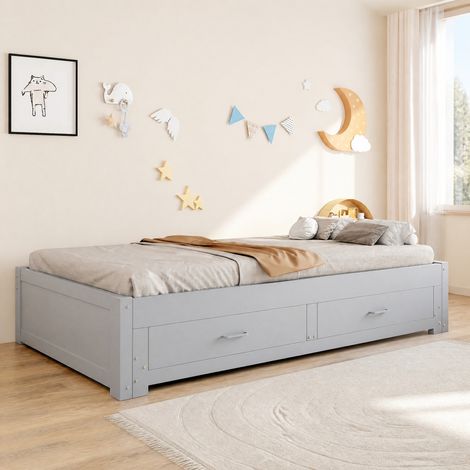 Divano letto estraibile 90x190 cm, trasformabile in letto 180x190 cm, con due cassetti, legno grigio (1/5)