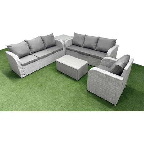 Fimous 7 Seater Poly Rattan Outdoor Garden Furniture Sofa Set Patio 3 Seater Sofa Reclining Chair 3 Seater Sofa Side Table Light Grey (1/5)