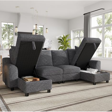 Divano angolare a forma di U 280 x 137 x 84 cm in ciniglia, con contenitore, 2 chaise longue, per uso quotidiano - grigio (1/5)