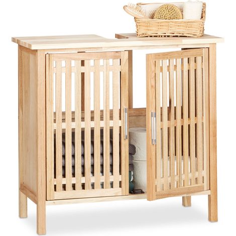 Relaxdays Under-Sink Cabinet Free Standing, Small Walnut Cupboard, Bathroom Wash Basin with Siphon Cut-Out, Natural