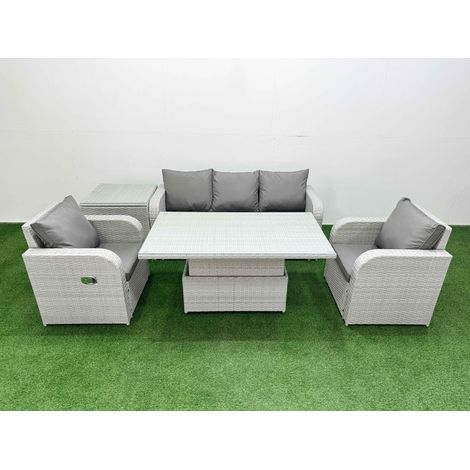 Fimous PE Rattan Garden Furniture Set Reclining Chair Sofa Lounge Sofa Set Adjustable Lifting Dining or Coffee Table Side Table Light Grey (1/5)