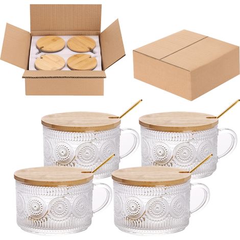 Juego de 4 tazas de café de vidrio vintage con 4 cucharas, 4 tapas de bambú, tazas transparentes de 450 ml con relieve y asa, ideales para gachas de avena, té, café con leche, yogur, capuchino, bebida