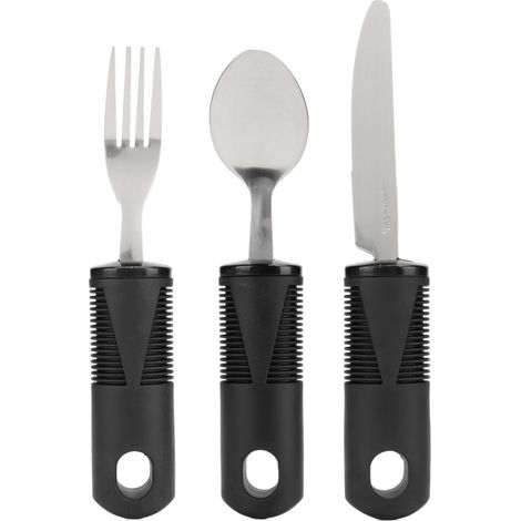 Cuillère À Soupe - Couteau À Steak Droit - Fourchette - Couverts Adaptatifs En Acier Inoxydable Avec Poignée En Caoutchouc Élargie - Anti-Tremblements - Lot De 3 (1/5)