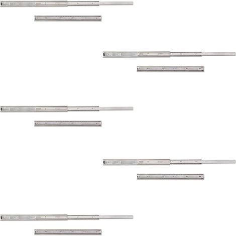 Emuca Lote de 5 juegos de guías para cajones, de bolas, altura 45mm, profundidad 500mm, extracción total, Cincado