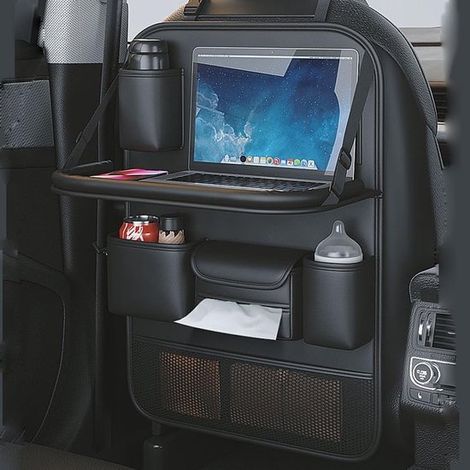 Autositz-Organizer-Tisch – Aufbewahrung für Rückenlehnenschutz – Ideal für Reisen mit Kindern – Klappbare Tischplatte – 64 x 45 cm – Schwarz (1/5)