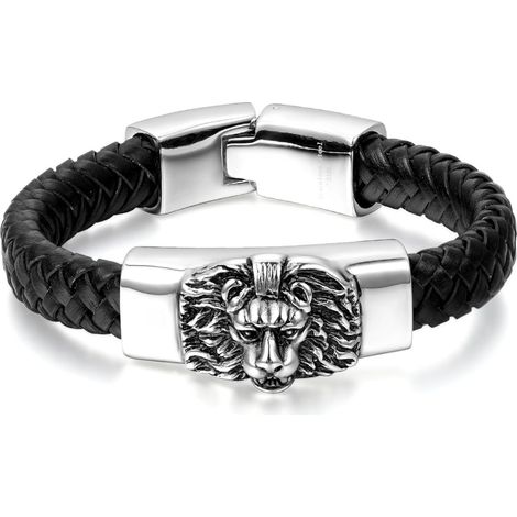 Bracelet manchette homme en acier inoxydable, style punk rock/motard, bracelet rétro en cuir tressé avec motif lion, coloris noir et argent. (1/4)