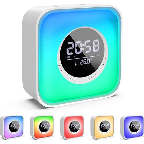 Wake-Up-Light mit Bluetooth-Lautsprecher mit LED-Nachttischlampe mit 10 Farbwechseln, digitalem Kalenderwecker, FM-Radio und Temperaturanzeige, wiederaufladbarem kabellosem Lautsprecher