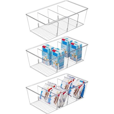 Set aus 3 Aufbewahrungsboxen aus Kunststoff für Büros mit 4 Fächern zur Aufbewahrung von Lebensmitteln, Tüten, Snacks, Gewürzbeuteln und vielem mehr in Speisekammer, Küche, Kühlschrank und Schränken. (1/5)