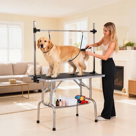 Table de toilettage inox réglable 2 sangles panier noir pour chien pliante potence h-forme 107 x 60 x 164 cm finition de qualité