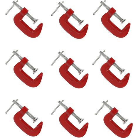 Juego de 9 abrazaderas en G rojas y ligeras con una apertura de mordaza de 2,5 cm, adecuadas para trabajos de carpintería, soldadura y reparación de automóviles. (1/4)