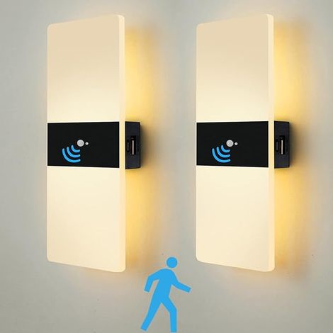 Luminaire mural LED avec détecteur de mouvement intérieur, lampe murale rechargeable USB, batterie acrylique éclairage détection mouvement, 2 pièces, 3000K [Classe énergétique E] (1/5)