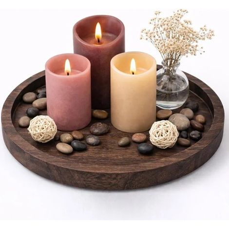 Plateau Rond en Bois Foncé pour Bougies, Plateau Décoratif Rustique Décoration maison pour salon et table basse, idéale comme cent (1/5)