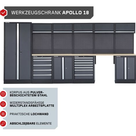 FEISTOS Werkstatteinrichtung  Werkzeugschrank Apollo 18  inkl. Lochwand  Grau/Schwarz  432x46x200 cm (1/5)