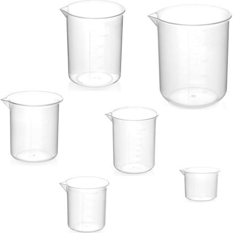 Lot de 6 Doseur Plastique 25/50/100/150/250/500ML Bécher Gradué Tasses à Mesurer Résistant à la Chaleur Transparent pour Test en Laboratoire (1/5)