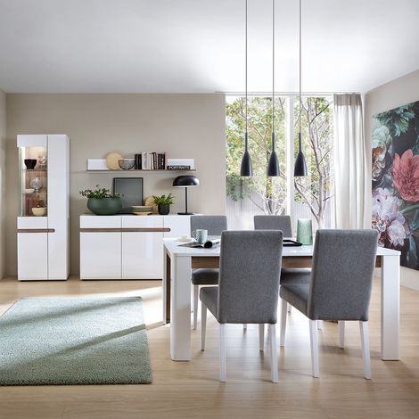 Esszimmer Set mit Beleuchtung und Esstisch (ausziehbar 160/200 cm) in weiß Hochglanz mit Eiche Trüffel Nb. LEGNICA-129 (1/5)