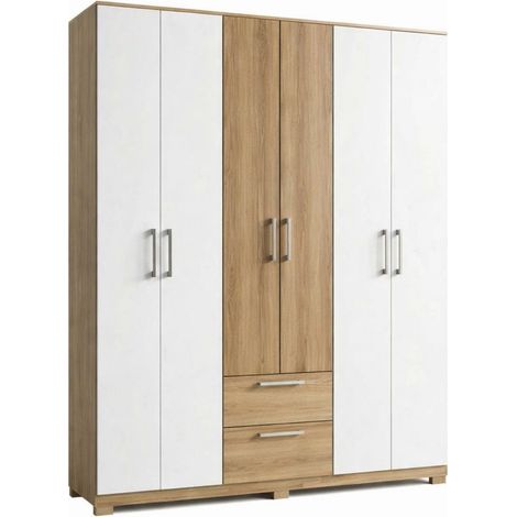Armoire Dressing 6 Portes 2 Tiroirs 9 Niches Chêne et Blanc L 135.4 H 178 P 36.5 cm (1/5)