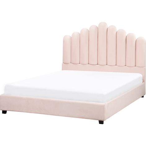 Cama con somier de terciopelo cabecero de concha marina rosa pastel 140 x 200 cm Vincennes (1/5)