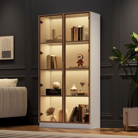 FLORAGRACE Vitrine en verre LED blanche à double porte, étagères réglables, meuble haut 80 x 40 x 160 cm pour salon, bureau ou salle à manger, style moderne (1/5)