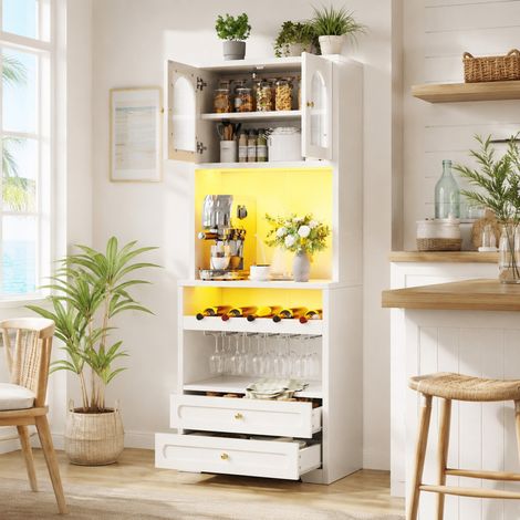 Credenza alta bianca con ante in vetro ad arco, LED App e porta bottiglie (1/5)