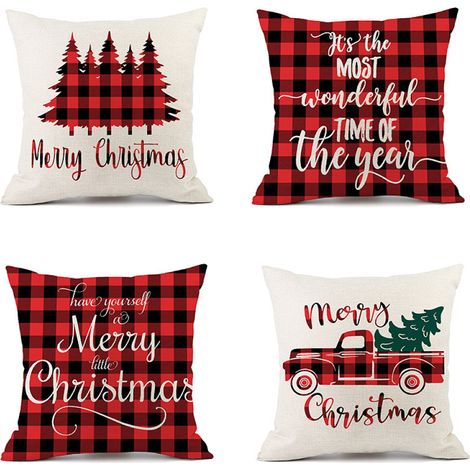 Housse De Coussin Noel - 45 x 45 cm - Lin 100 % - Fermeture Éclair Invisible - Motif Cerf Flocon De Neige - Lot De 4 (1/5)