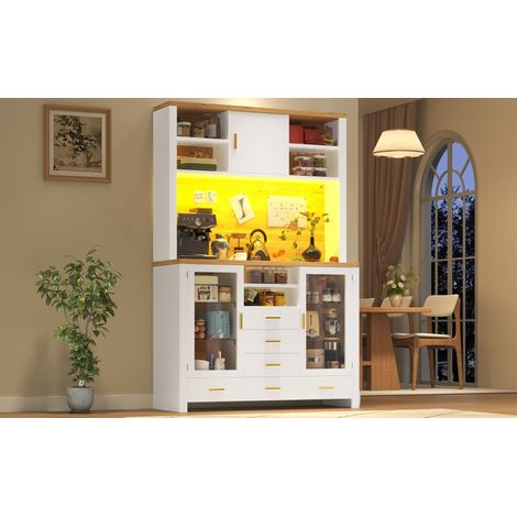 Buffet meuble de rangement multifonction pour cuisine, 120x40x188 cm, style champêtre, 4 portes avec éclairage LED intégré, 6 tiroirs et 3 portes, blanc aspect bois (1/5)