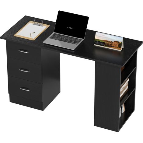 Computer Desk, Writing Table, PC Workstation with 3 Storage Shelves Drawers, Silver Handle, for Home Office, Black (1/5)