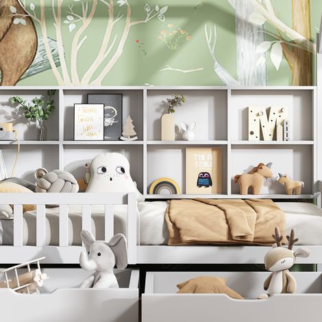 Lit cabane enfant 90x200 blanc, lit mezzanine avec bibliothèque intégrée, armoire à barreaux, étagère et 2 grands tiroirs de rangement, design cheminée, multifonctionnel (1/5)