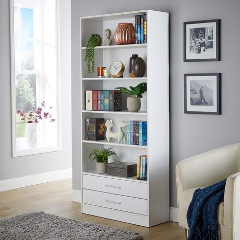 2 Drawer White Bookcase Ample Storage Space Organiser Living Room Furniture