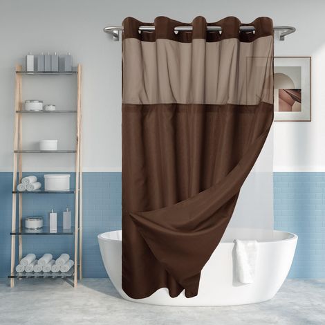 Rideau de douche texturé flammé sans crochet avec doublure en PEVA à boutons-pression – 180 x 188 cm (182,9 cm), style hôtel avec fenêtre sur le dessus transparent, lavable en machine et hydrofuge (1/5)