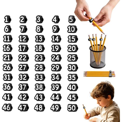 Décorations de crayon numérotées, étiquettes réutilisables pour enseignant, numéro 1 à 50,Noir, marqueurs de suivi de crayon pour stations d'approvisionnement et organisation scolaire (1/5)