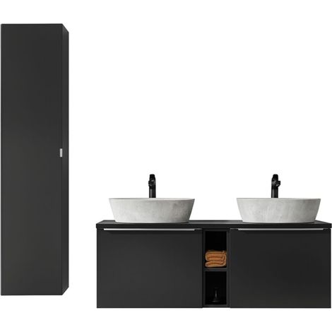 Set VANTA: Unterschrank 140cm + Waschtischplatte + 2 Aufsatzwaschbecken + 1 Stauraumsäule + 2 Spiegel + 2 LED