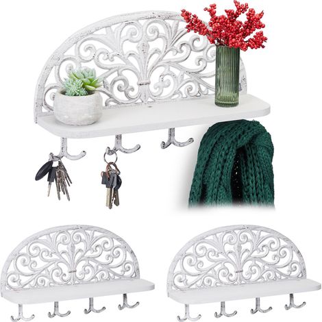 Relaxdays Set of 3 Hallway Coat Racks with Shelf, Antique Design, 4 Double Hooks, Keys, Cast Iron, 23x39x11.5 cm, White