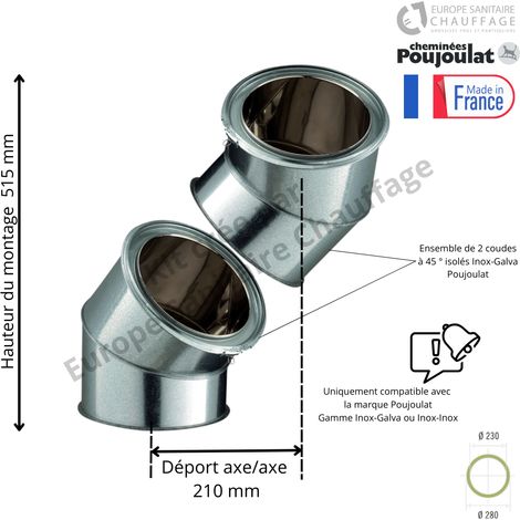 Poujoulat – Coudes à 45° double paroi inox 304 et galva Ø230mm – Isolation laine de roche – Dévoiement optimal pour systèmes de chauffage