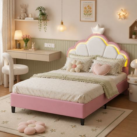 Lit simple 140x200 en forme de couronne, led lit enfant avec tête lits rembourrée réglable, lits 1 place pour ado et princesse, rose velours (1/5)