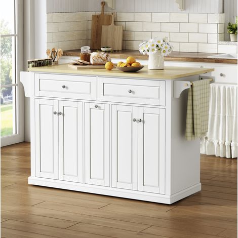 Isla de cocina 121x69x89 cm, encimera abatible, 4 cajones, ruedas con freno, MDF, natural y blanco (1/5)