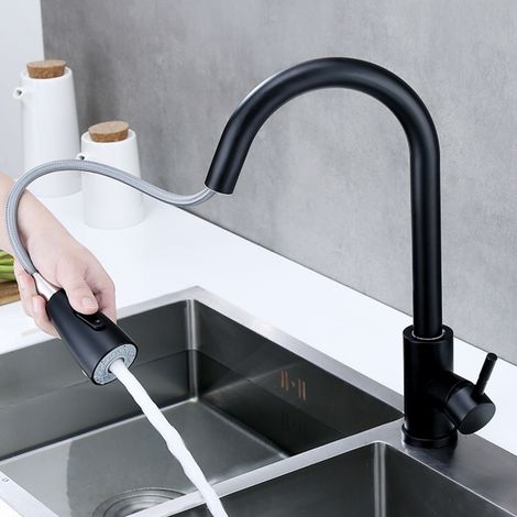 Robinet de cuisine en acier inoxydable 304 (noir) avec flexible extractible à 360° et vanne unique (1/3)