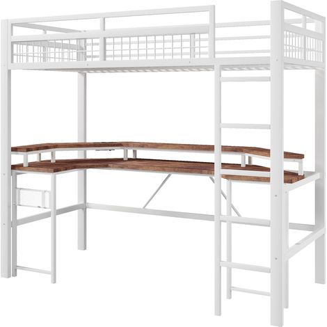 Hochbett 90x200 cm mit Schreibtisch, LED, USB Type-C, Steckdosen, Metall und MDF, Weiß (1/5)