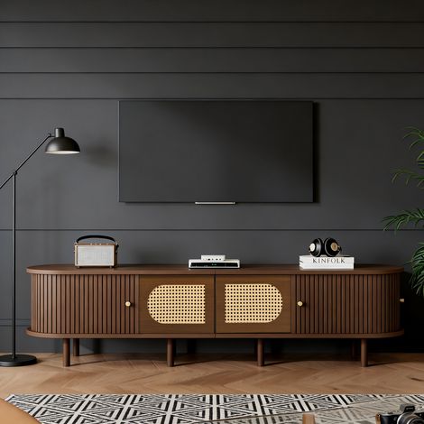 Meuble TV 180 cm noyer foncé, rotin, portes coulissantes, pour TV jusqu’à 80” (1/5)