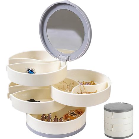 Boite a Bijoux Ronde, Coffret à Bijoux 4 Niveaux 360 Degrés Organisateur Bijoux, Rangement a Bijoux de Voyage Jewelry Stockage Cas pour Bagues Colliers Boucles d'oreille Bracelets (Blanc) (1/5)