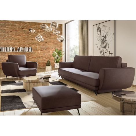 Ensemble canapé convertible simili cuirl marron Zora - 1 canapé 3 places + 1 fauteuil + 1 pouf (1/5)