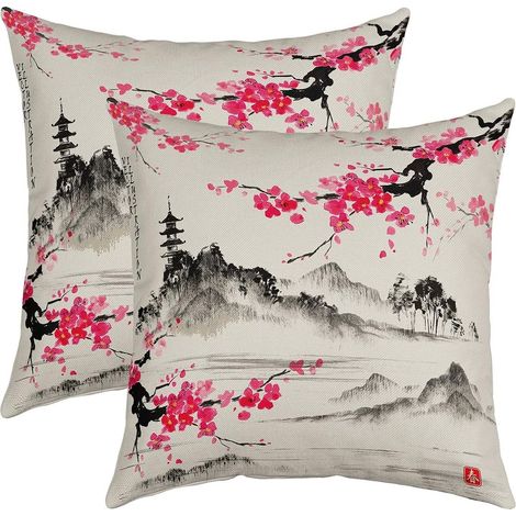 Taie d'oreiller 60x60cm Lot De 2 Housse Coussin Pour Maison Le Salon Taie Oreiller Réversible Fleurs de cerisier Fleurs Traditional Retro Thèmes Rose Housse de Coussin (1/5)