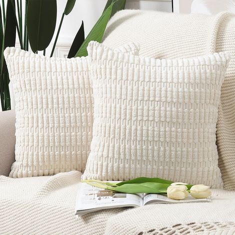 Fundas de almohada de pana a rayas estilo bohemio, suaves y decorativas, juego de 2, 45 x 45 cm, color beige