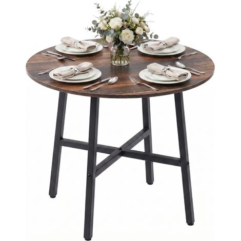 Table de salle à manger en bois marron, design industriel rustique, diamètre 80 cm, hauteur 76 cm, mobilier moderne. (1/5)