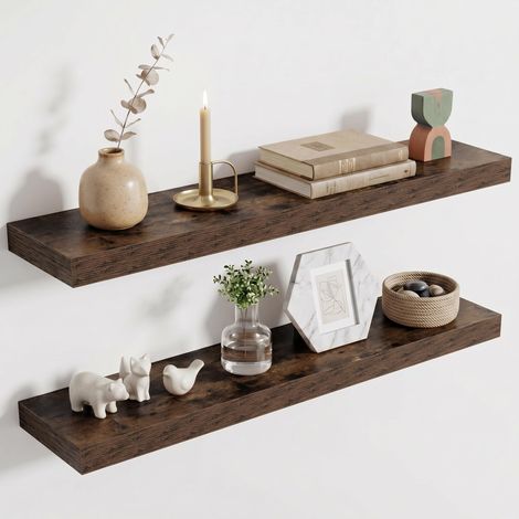 Lot de 2 étagères murales flottantes en bois extra épaisses de 80 cm de long pour salon, salle de bain, chambre à coucher, cuisine, marron vintage (1/5)