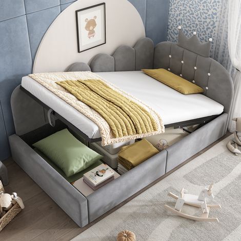 REDOM Lit coffre 90x200 cm avec rangement hydraulique en velours gris (Sans matelas) (1/5)
