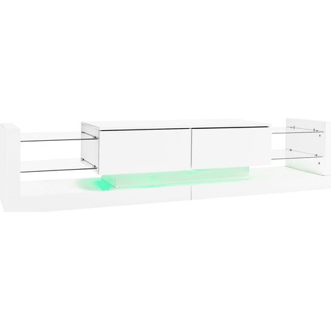 Mueble TV alto brillo con LED, 181 cm, blanco, con frontal de cristal y dos cajones abatibles (1/5)