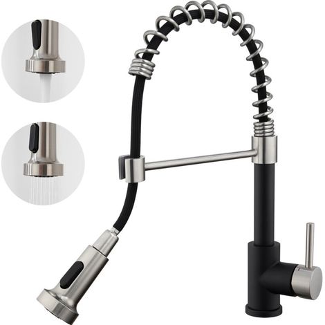 Robinet Auralum Mitigeur Cuisine Noir Rotatif 360°avec Douchette Extensible Robinet Cuisine à Ressort 2 Jets Robinetterie d'Évier en Acier Inoxydable pour Cuisine,Froid & Chaud Disponible (1/4)