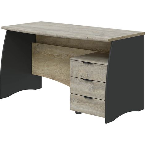 Bureau avec caisson de 3 tiroirs coloris chêne nœuds alaska / gris anthracite - Hauteur 74 x Largeur 136 x Profondeur 67 cm -PEGANE- (1/5)