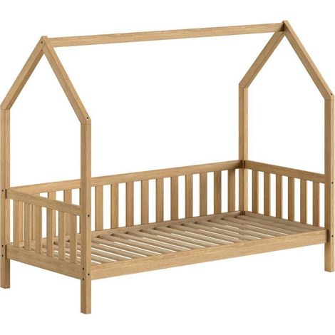 Lit cabane à barrière 90x200 en chêne massif - LEIKY